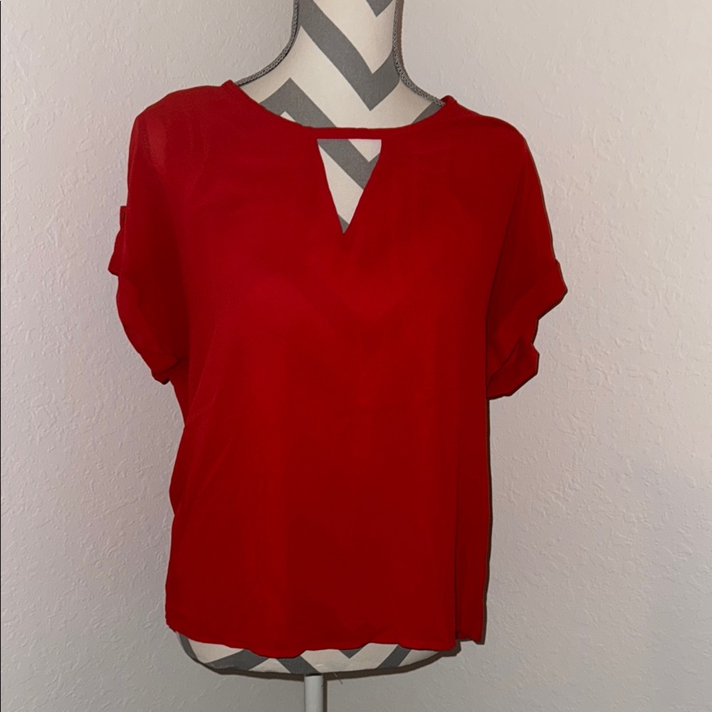 Naked Zebra Red Flutter Sleeve Blouse with Cut Out & Button Back Line